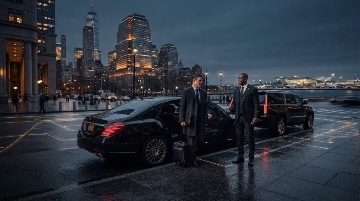 Two suited men beside black luxury cars on a wet city waterfront at night with skyline lights