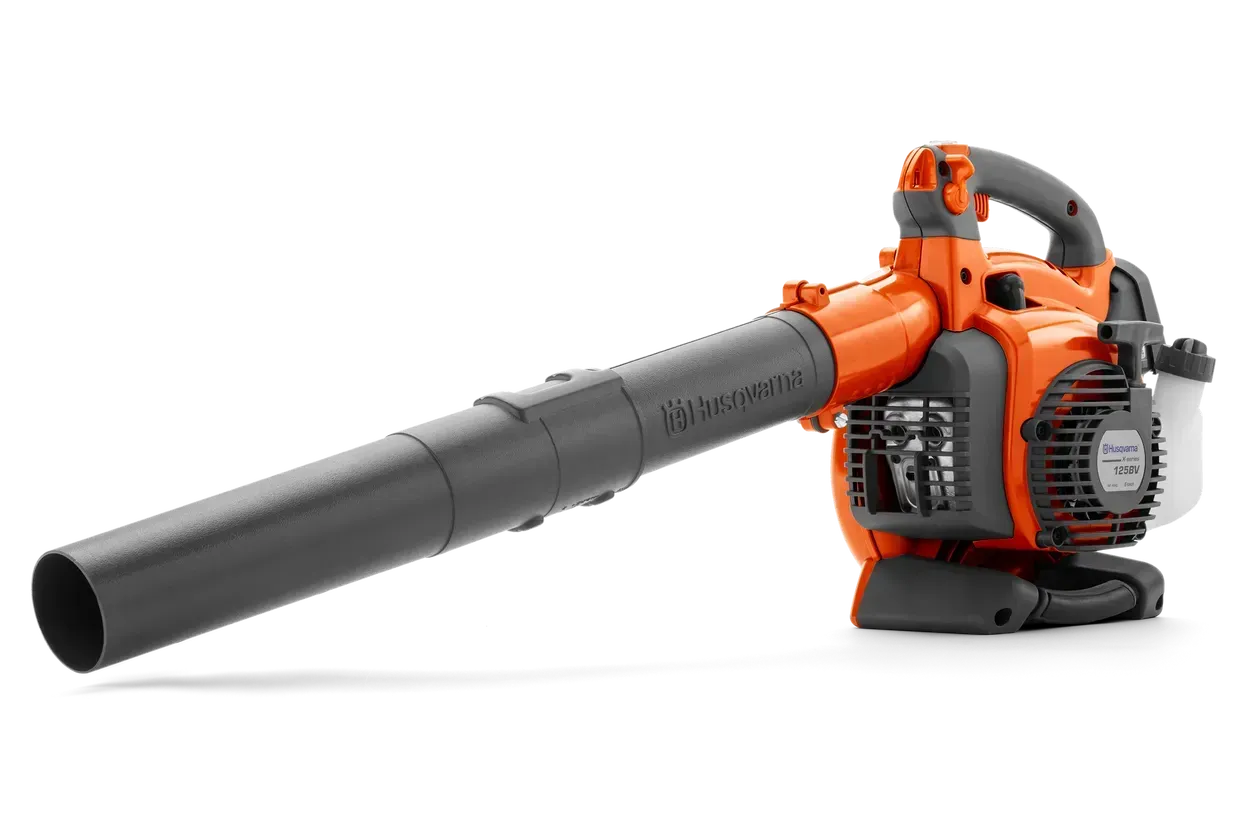 Orange and gray Husqvarna leaf blower on a white background.