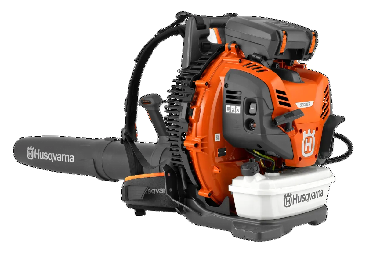 Orange Husqvarna backpack leaf blower with black tube and straps.