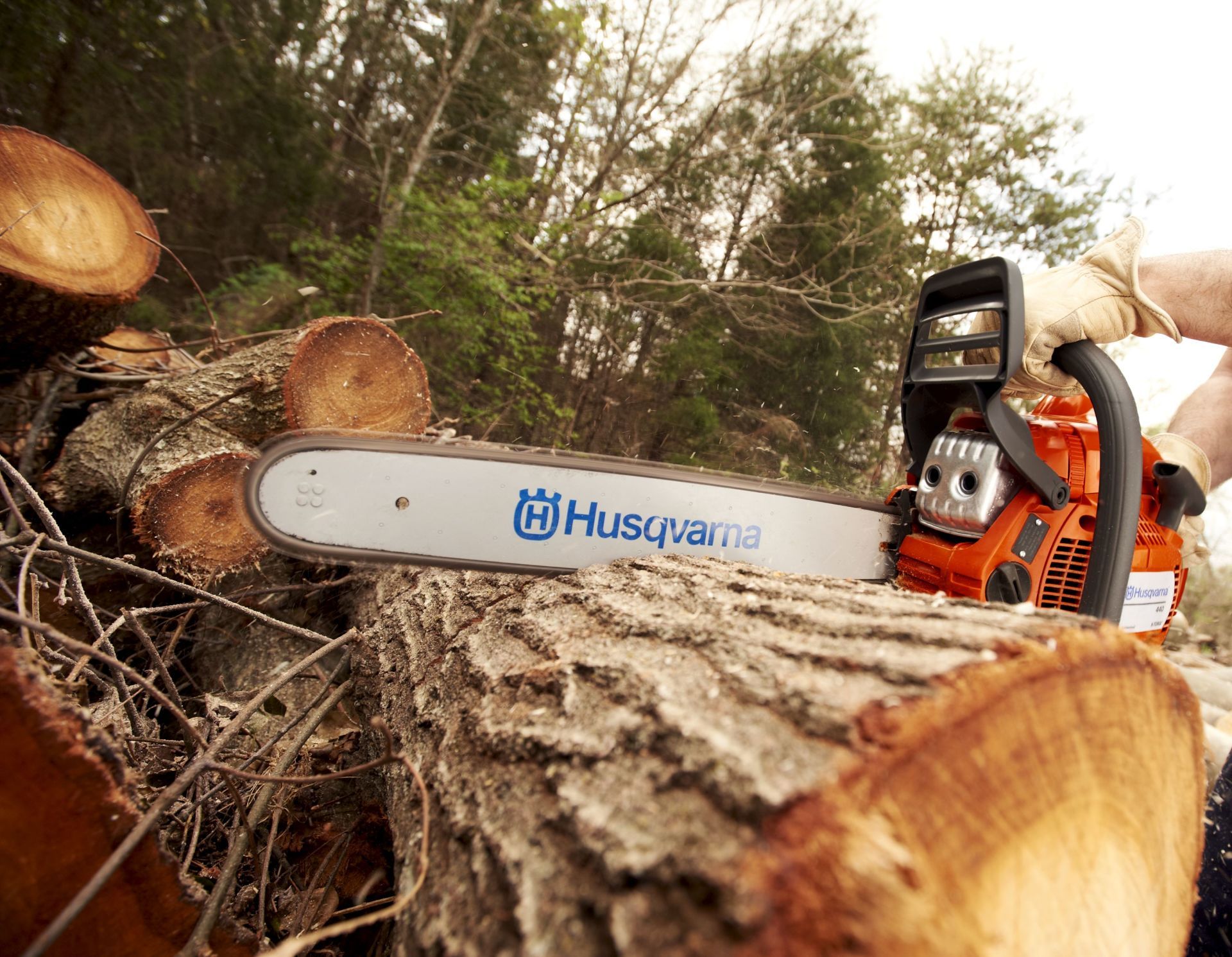 Husqvarna chainsaw on a tree stump