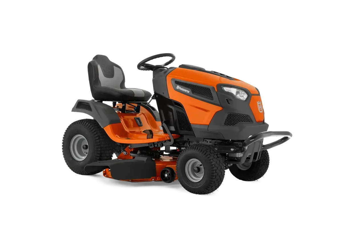 Orange Husqvarna riding lawn mower on a white background.