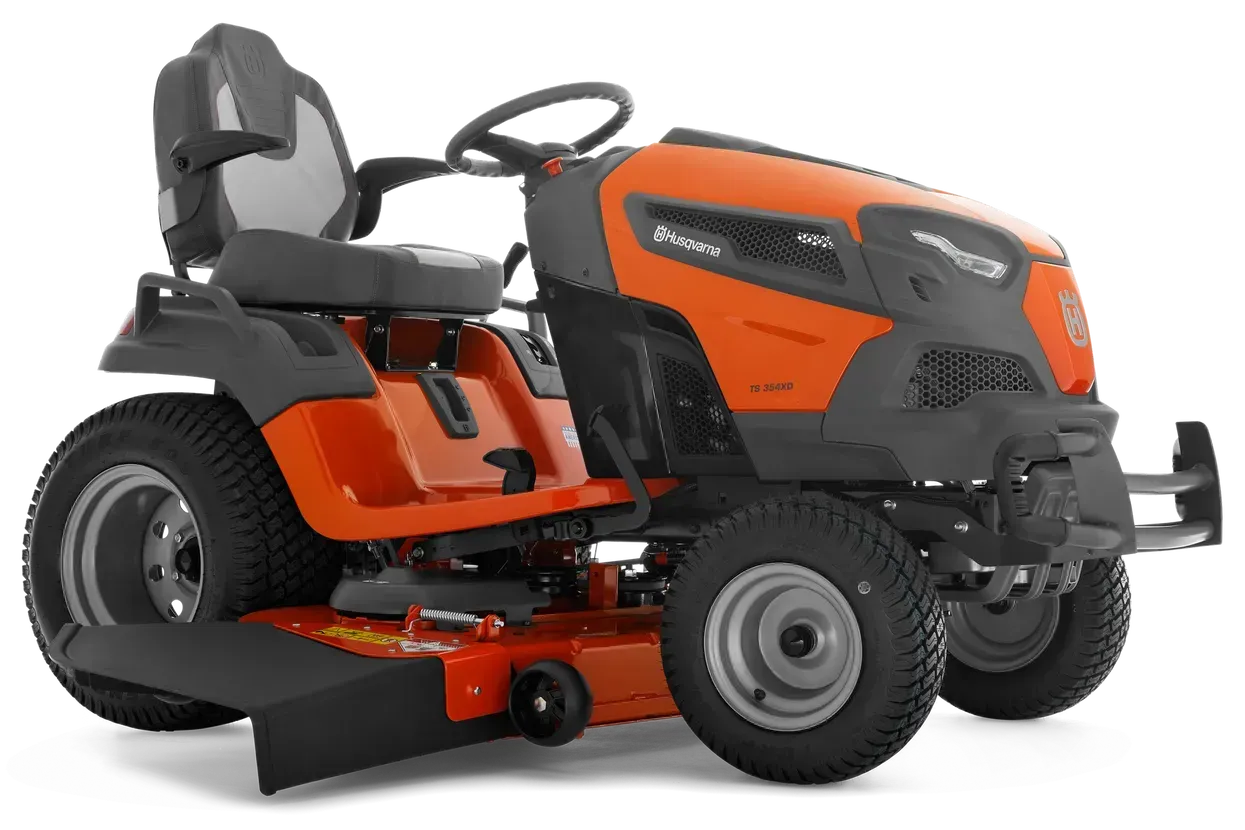 Orange and gray riding lawn mower on a white background.