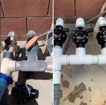 a before and after picture of a hose with valves attached to it .