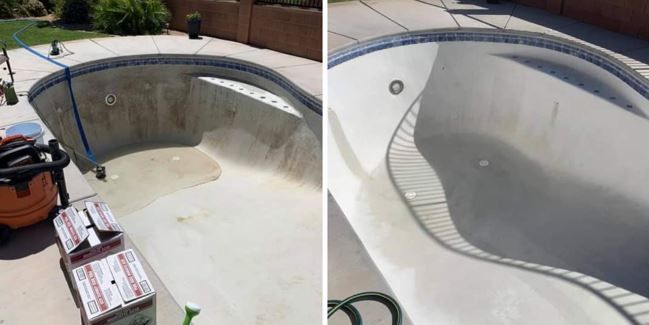 a before and after picture of a swimming pool being remodeled .