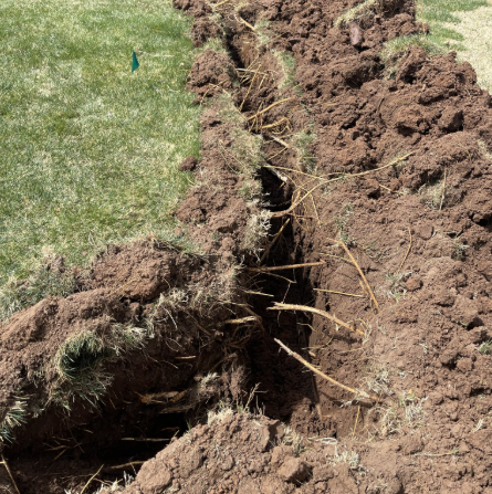 Trench dug in a grassy area, filled with dirt and roots, likely for installing underground utilities.