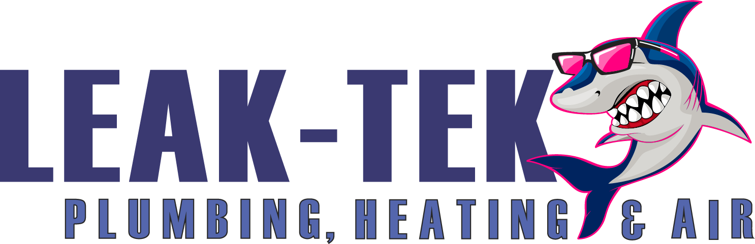 Logo for Leak-Tek, a plumbing, heating, and air company, with white text on a black rounded rectangle.
