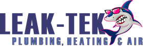 Logo for Leak-Tek, a plumbing, heating, and air company, with white text on a black rounded rectangle.