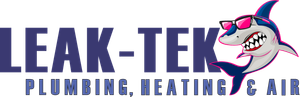 Logo for Leak-Tek, a plumbing, heating, and air company, with white text on a black rounded rectangle.