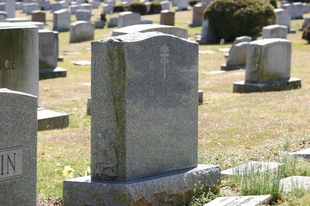 A grave in a cemetery with a yellow flower in front of it