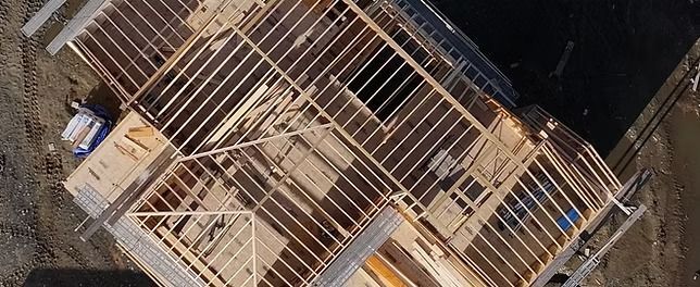 An aerial view of a house under construction.