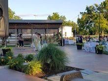 Outdoor wedding reception: couple under pavilion, guests at tables, green plants and sunny sky.