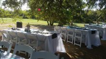 Outdoor reception tables draped in white, set for a gathering, under trees in a grassy area.
