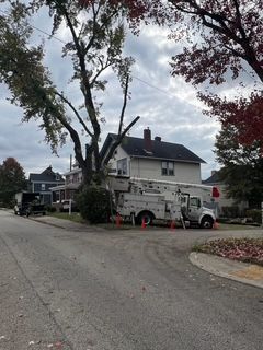 A white truck is parked on the side of the road in front of a house.
