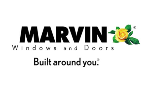 Marvin Windows and Doors logo with black text, a yellow rose, and the tagline