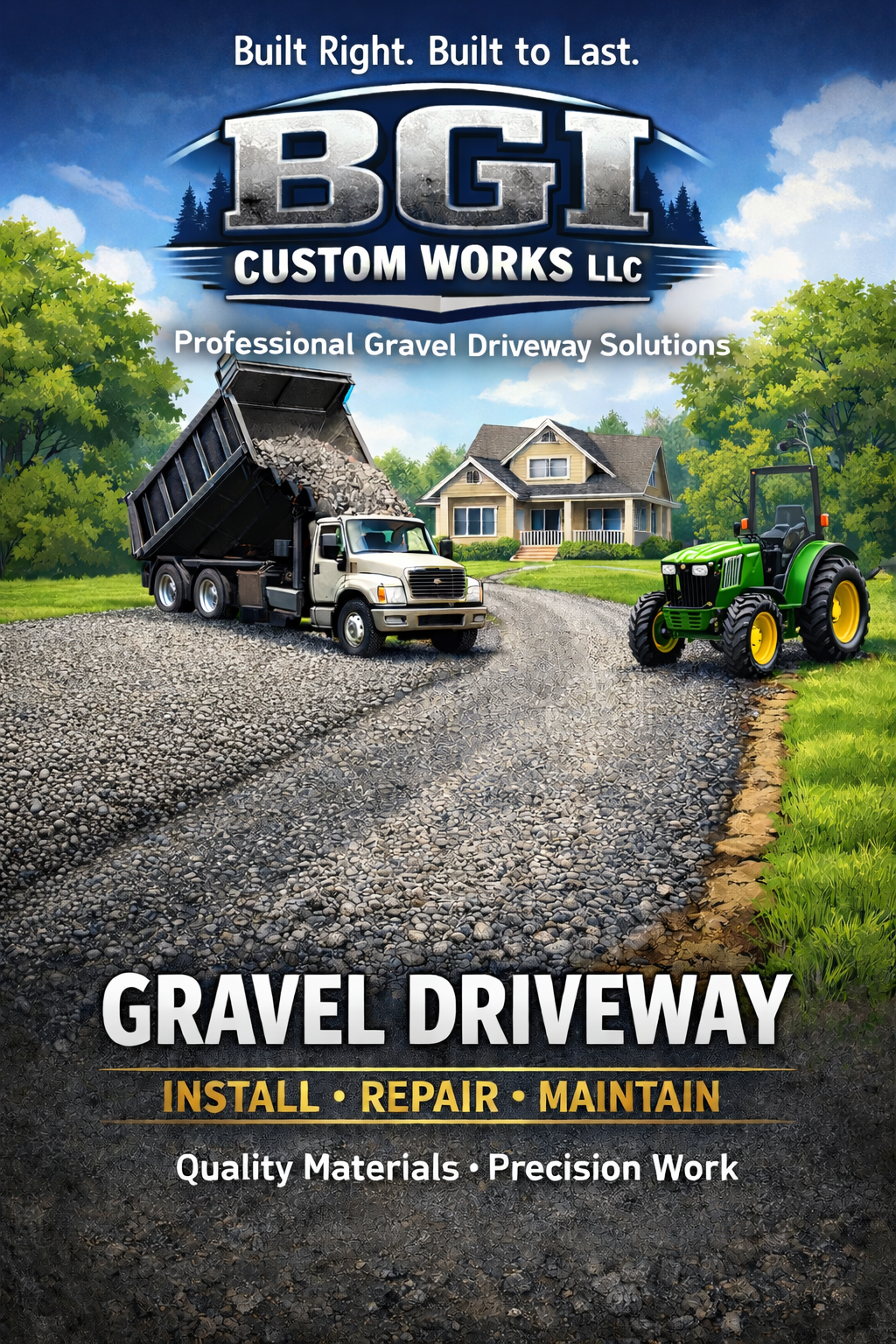 Advertisement for BGI Custom Works gravel driveways. Shows a truck unloading gravel onto a driveway, with a tractor and house in the background. 