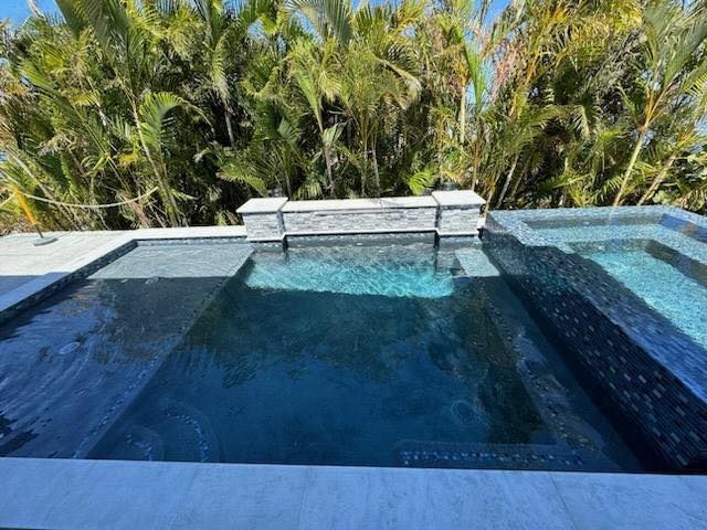A large swimming pool surrounded by palm trees in a backyard.