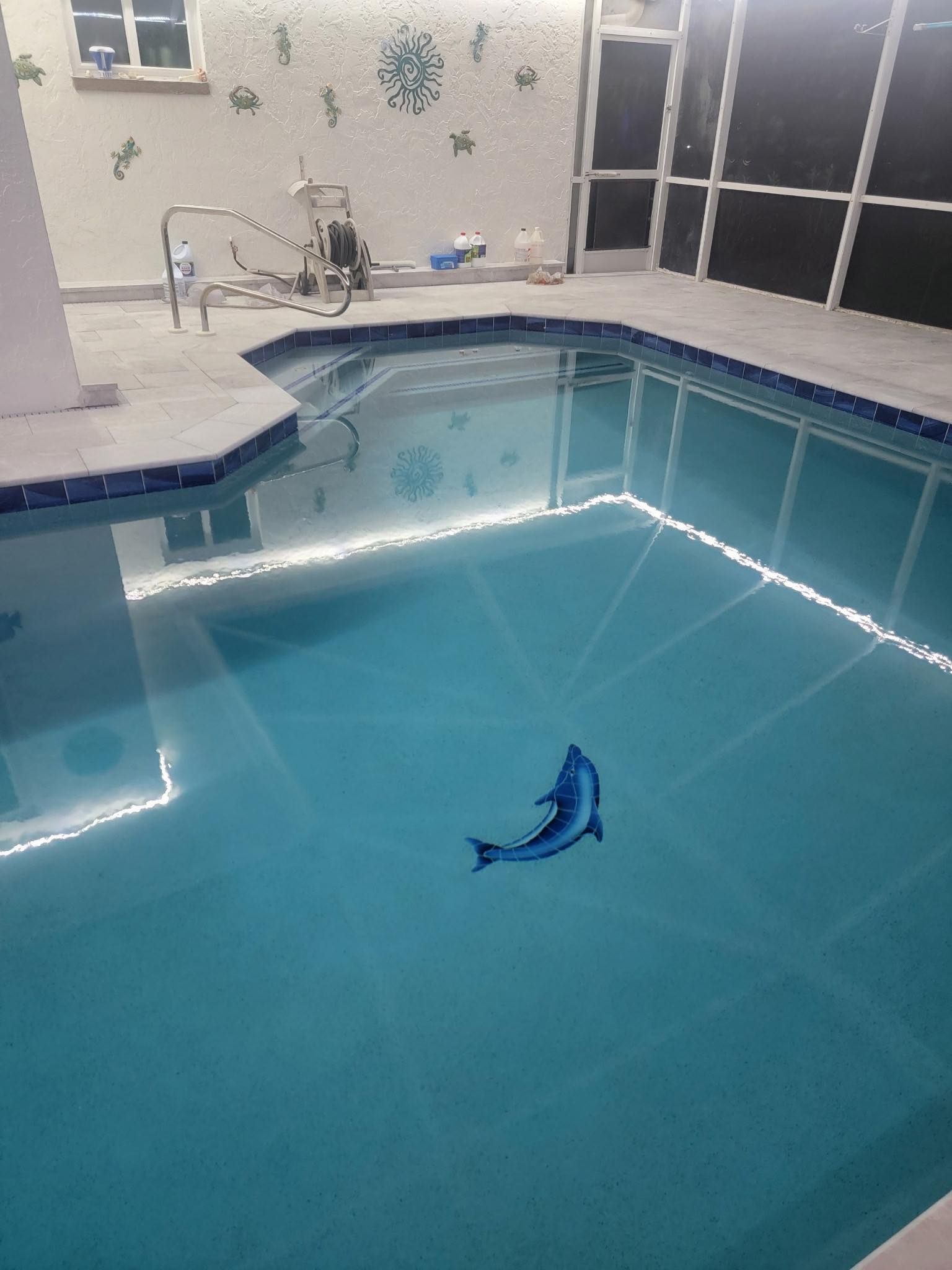 An image of a dolphin is printed on the bottom of a swimming pool.