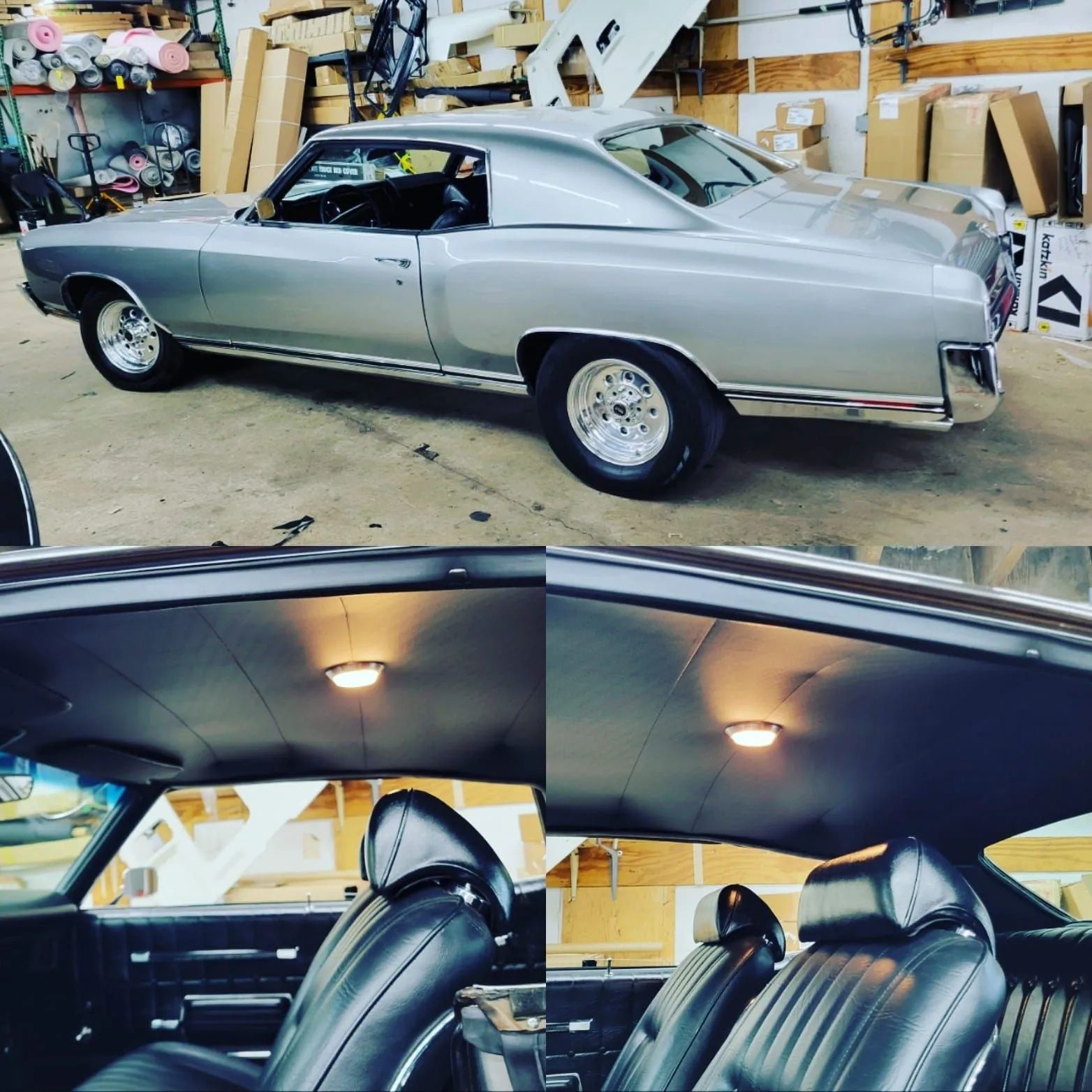 Silver classic coupe in a garage, shown from the side and its black interior with bucket seats.