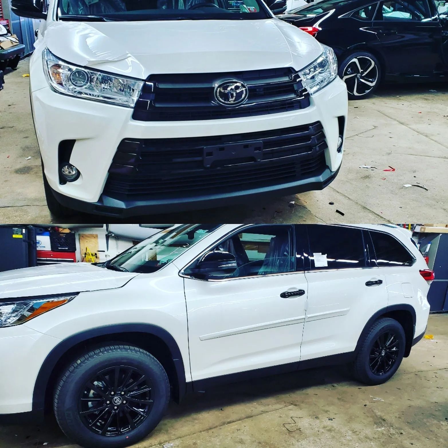 White Toyota SUV shown from front and side views in a car lot, with black wheels and tinted windows