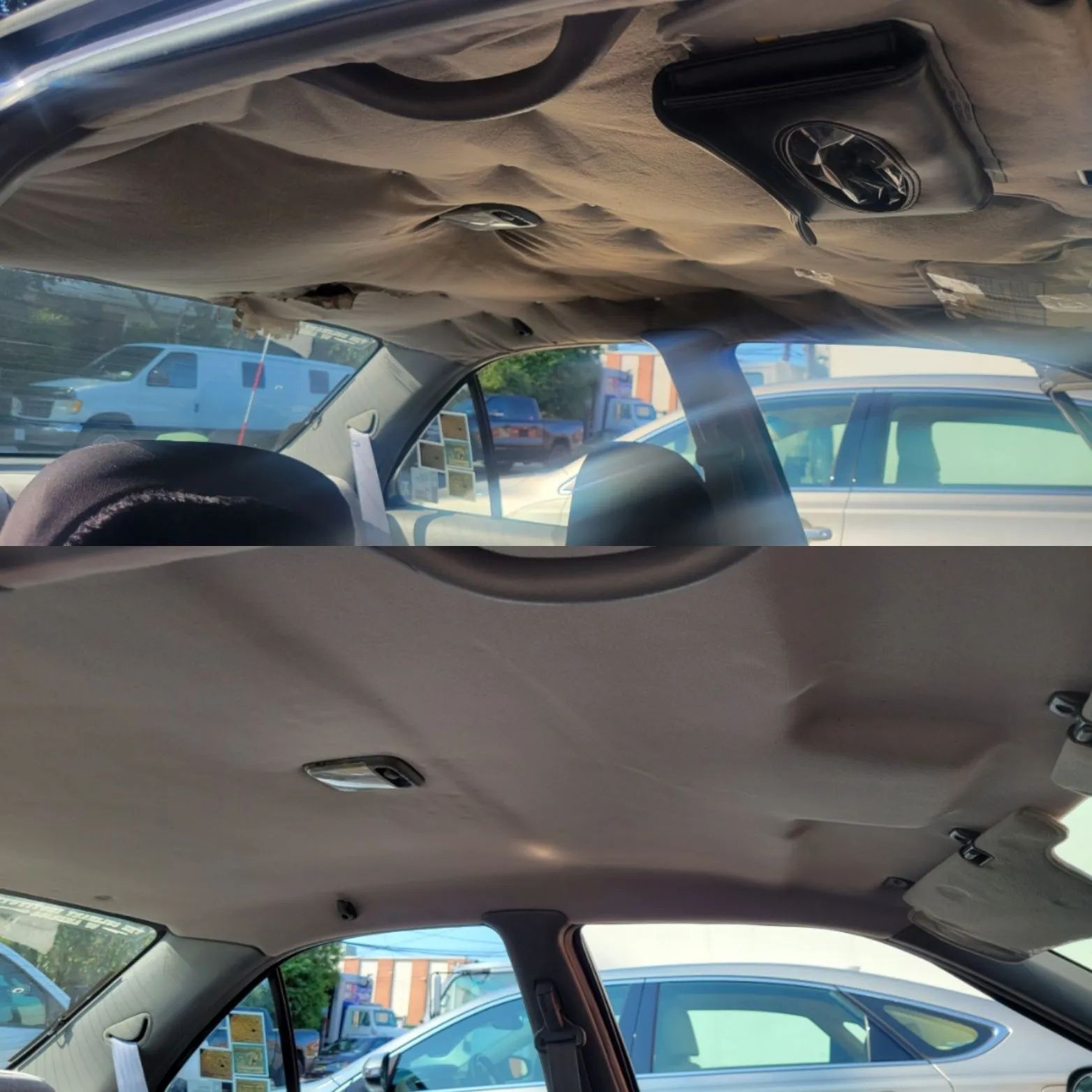 Car interior with the headliner sagging down and hanging loose near the rear seats