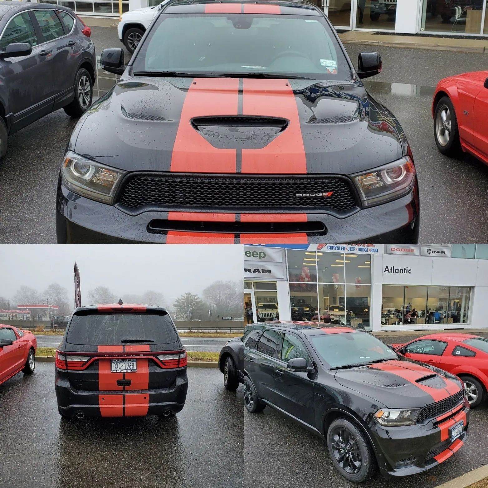 Black Dodge SUV with red racing stripes, shown front and rear in a rainy car lot.