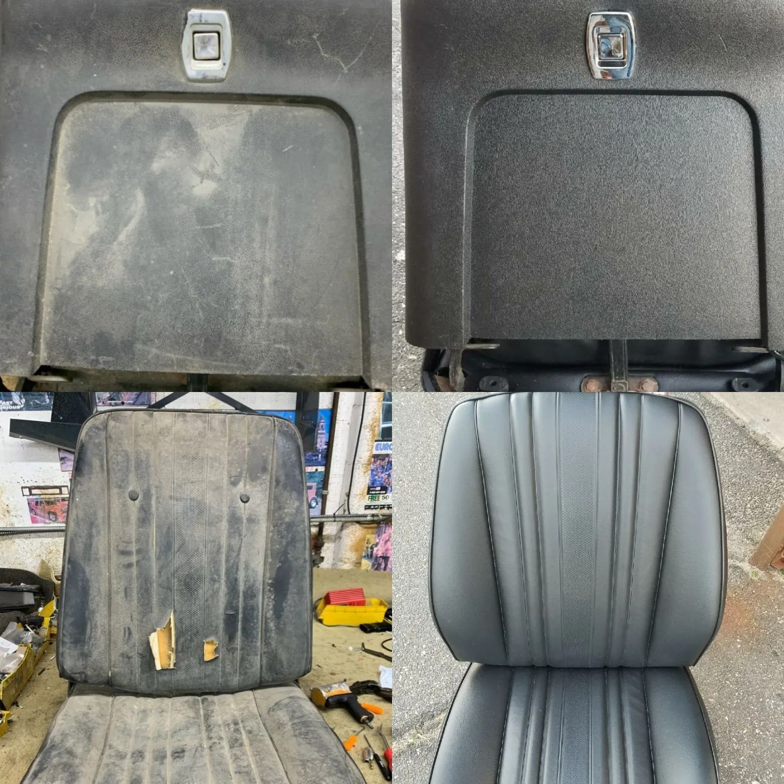 Car seat backrest before-and-after: worn black cover, stripped foam core, and repaired gray upholstered backrest.