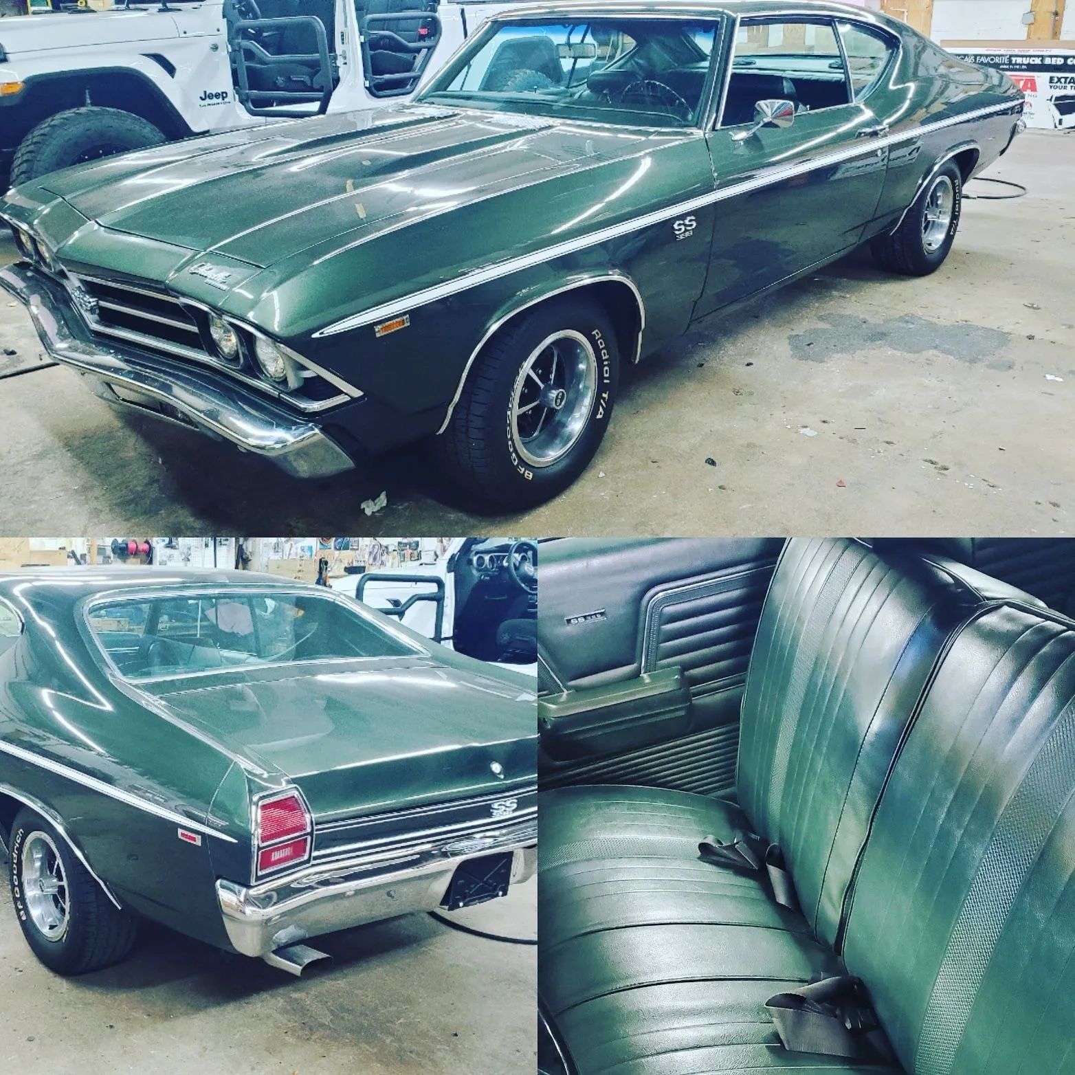 Green classic muscle car with black racing stripes and a green interior, shown from front, rear, and interior views