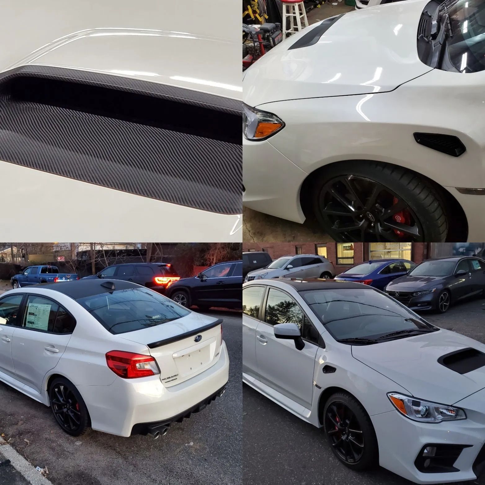 White compact sedan with custom black grille and sporty wheels, shown from multiple angles on a street.