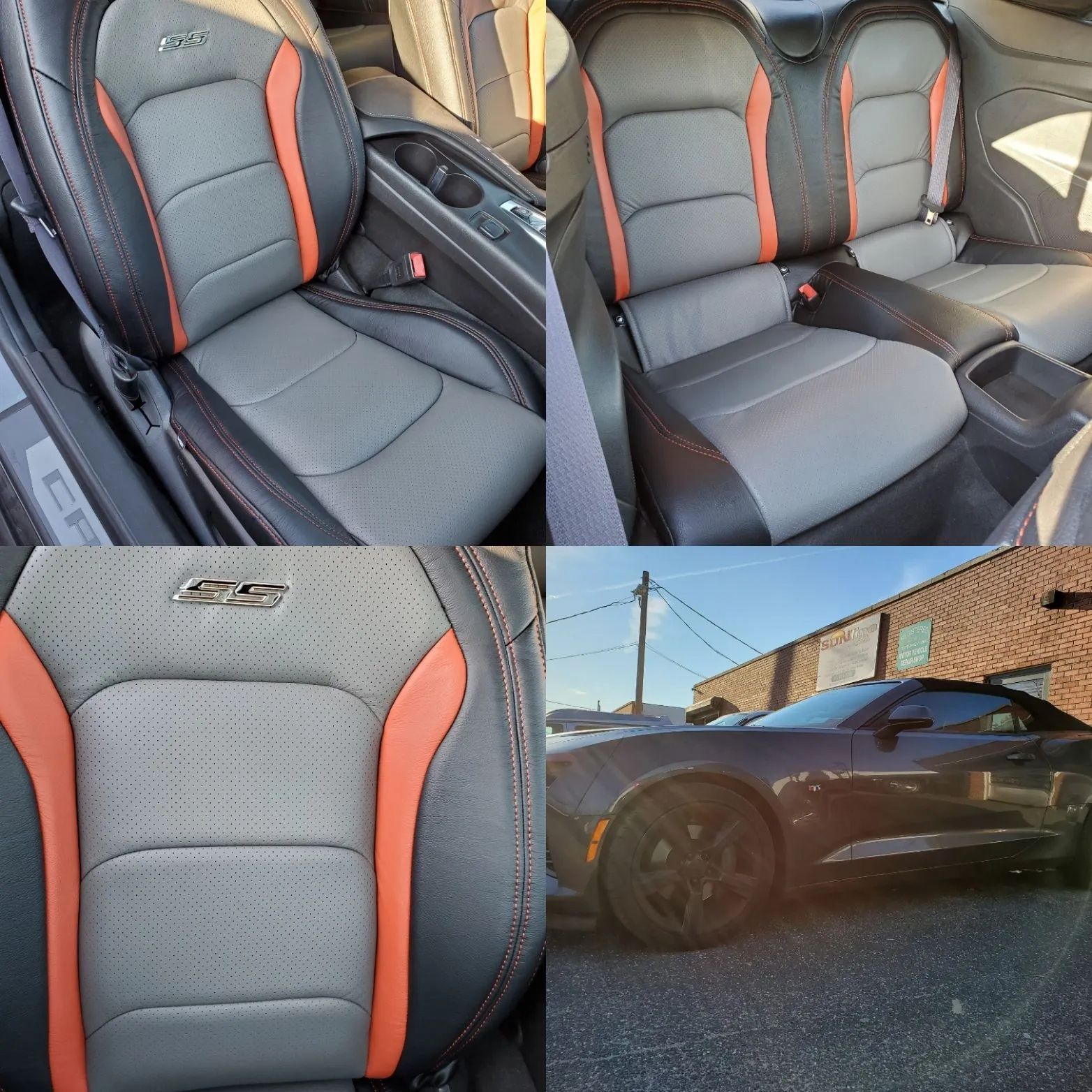 Car interior with black and orange sport seats; inset shows a black sports car parked outdoors.