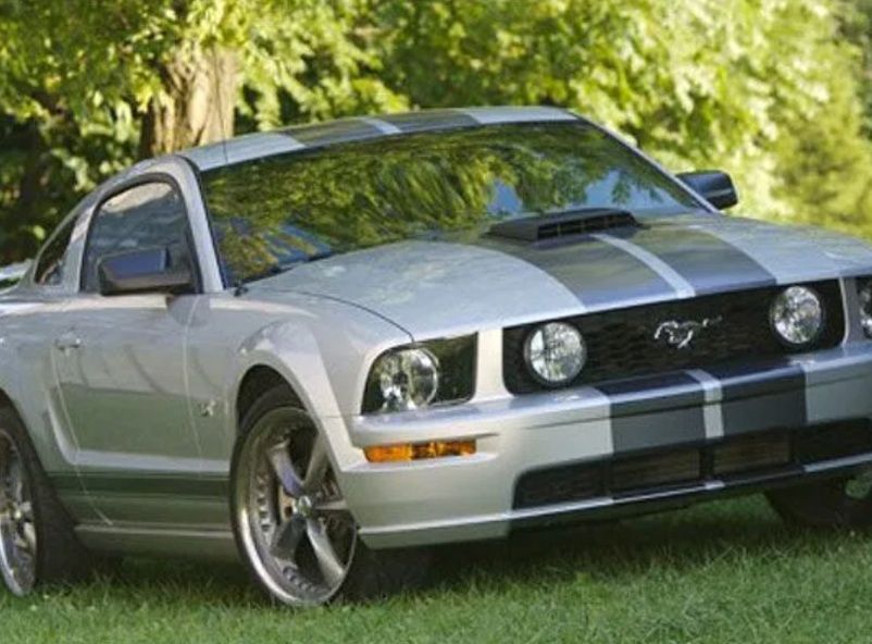 Silver Ford Mustang parked on grass with black racing stripes, seen from the front-left side.