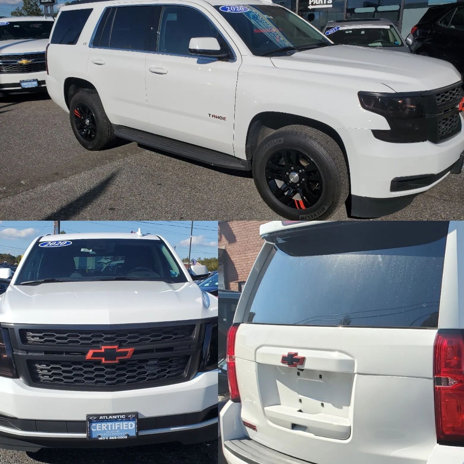 White Chevrolet SUV with black rims shown from front, side, and rear in a dealership lot.