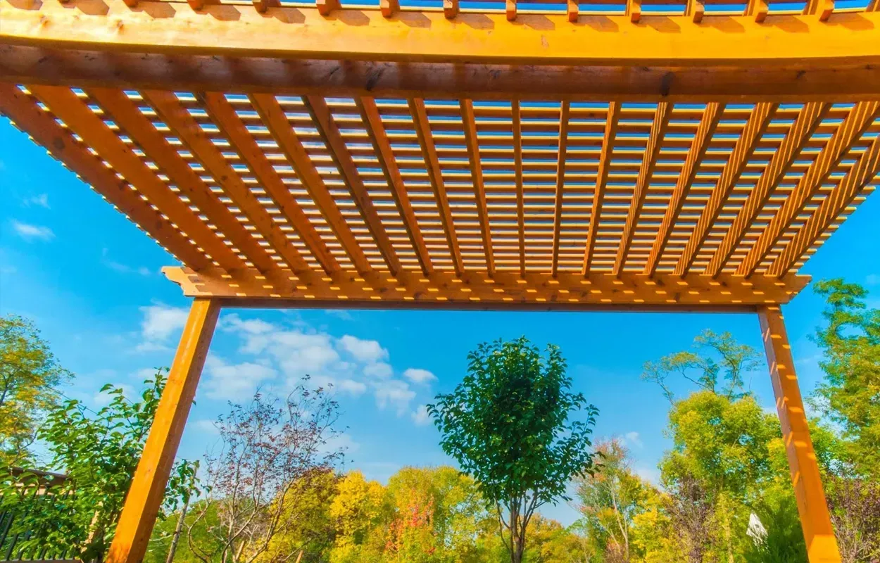 Wooden pergola with lattice roof against a bright blue sky and green trees