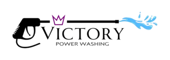 Logo for Victory Power Washing: a black power washer spraying blue water; crown above "VICTORY".