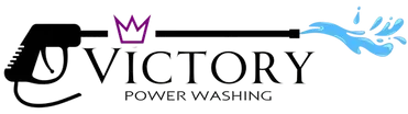 Logo for Victory Power Washing: a black power washer spraying blue water; crown above "VICTORY".