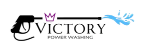 Logo for Victory Power Washing: a black power washer spraying blue water; crown above "VICTORY".