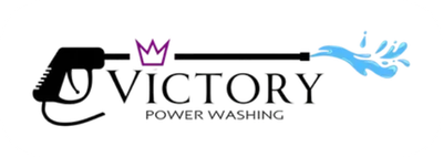 Logo for Victory Power Washing: a black power washer spraying blue water; crown above "VICTORY".