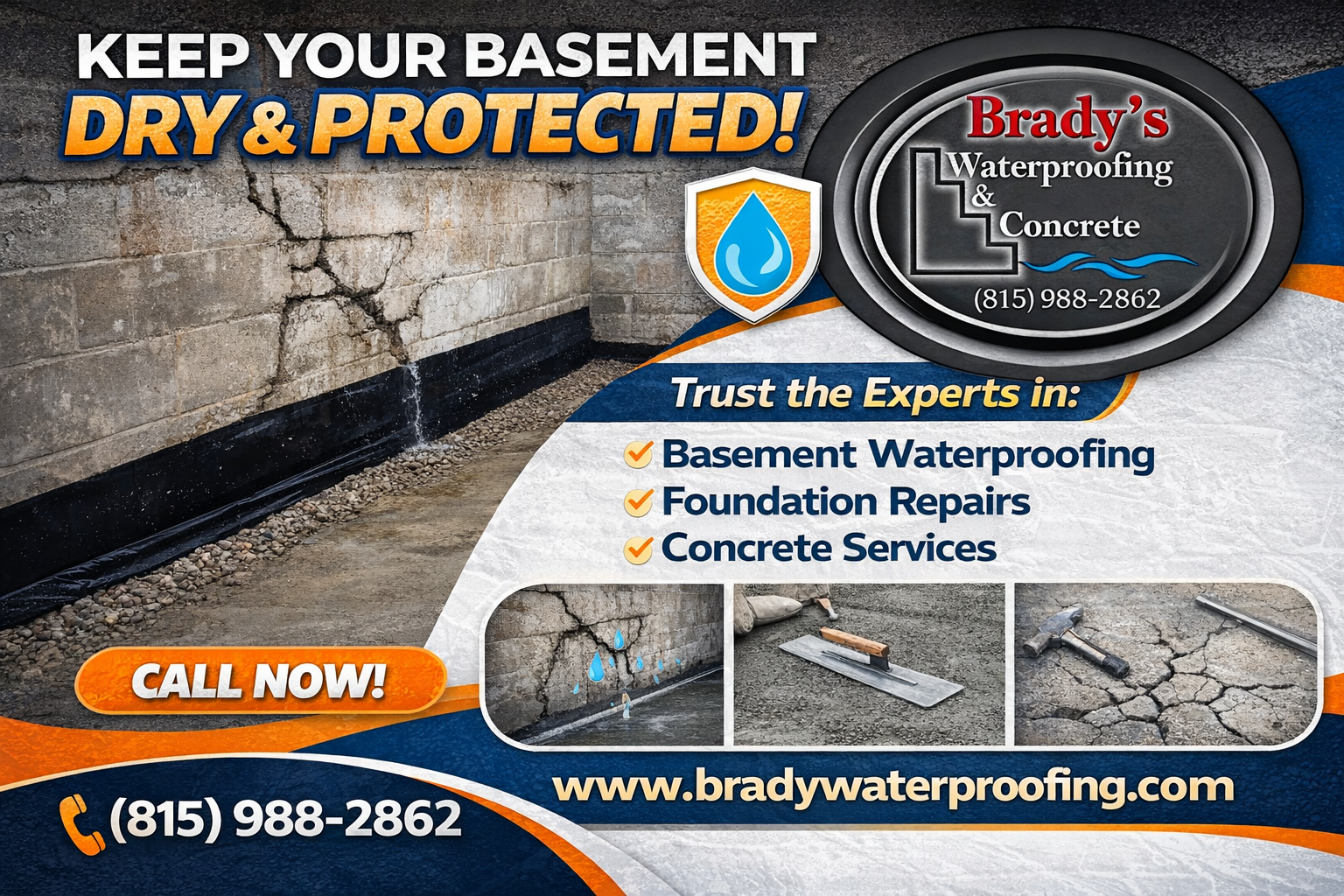 Advertisement for Brady's Waterproofing & Concrete.