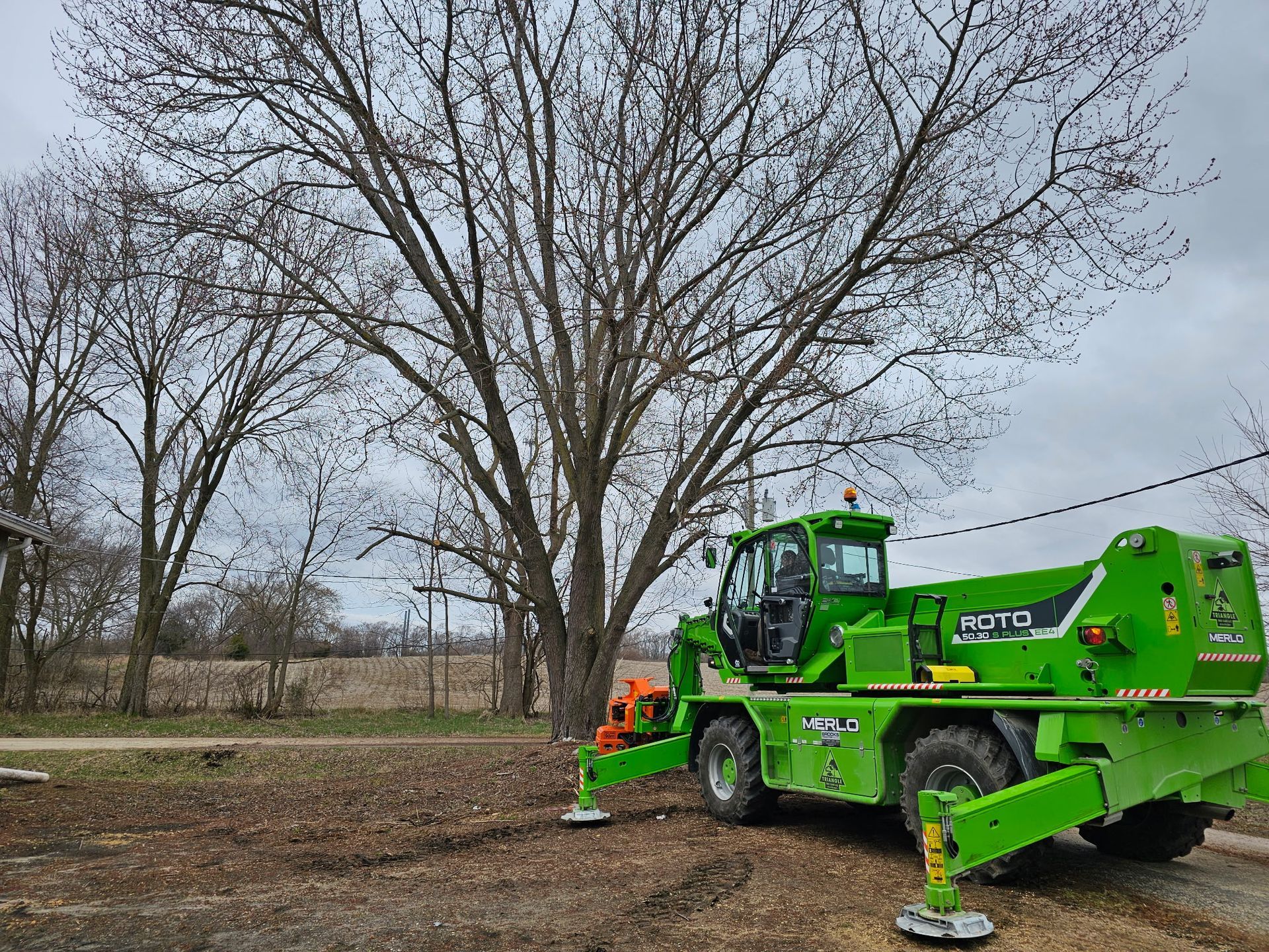 A green truck with a crane attached to it is parked in front of a tree.