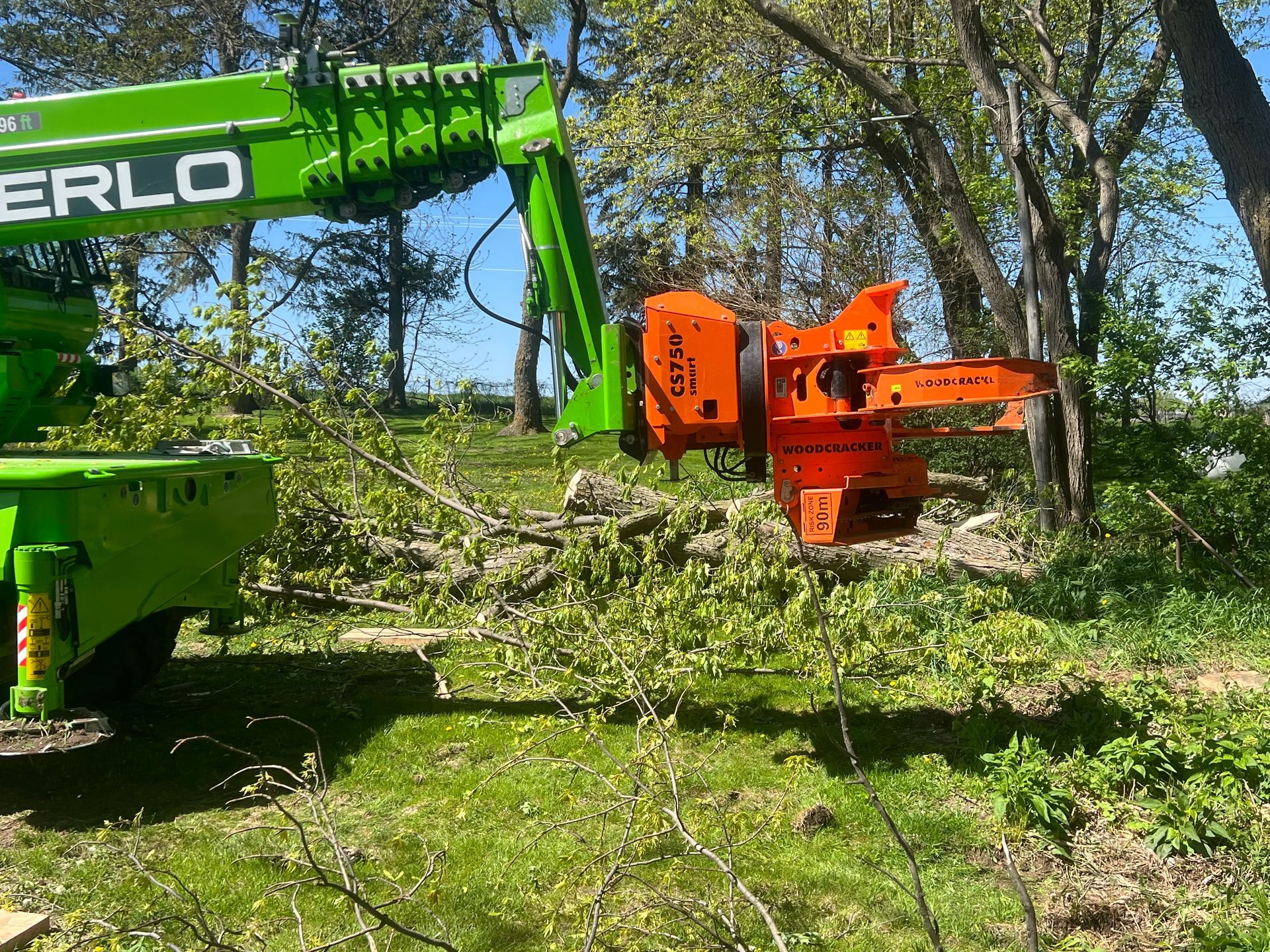 A green and orange machine is cutting trees in a field.