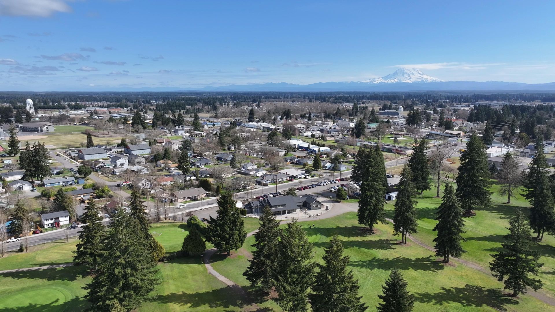 An aerial view of a city with trees