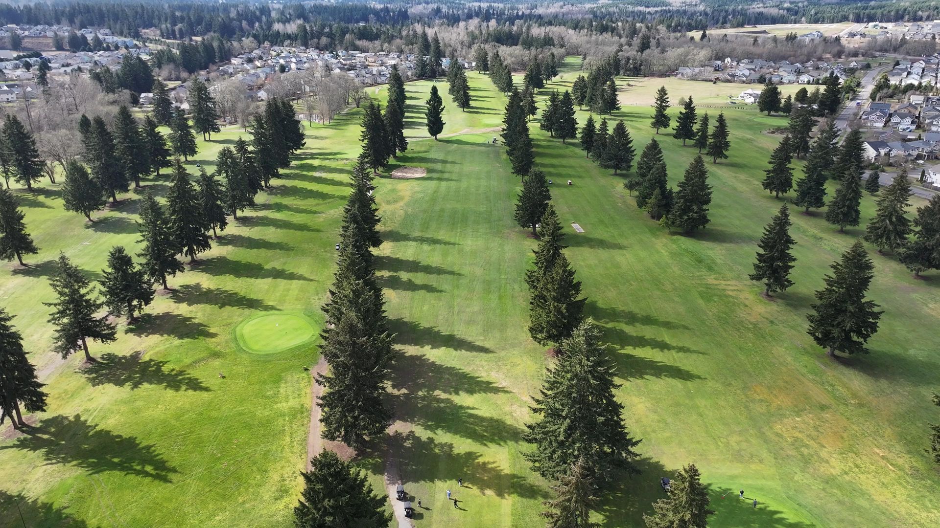 An aerial view of a golf course surrounded by trees
