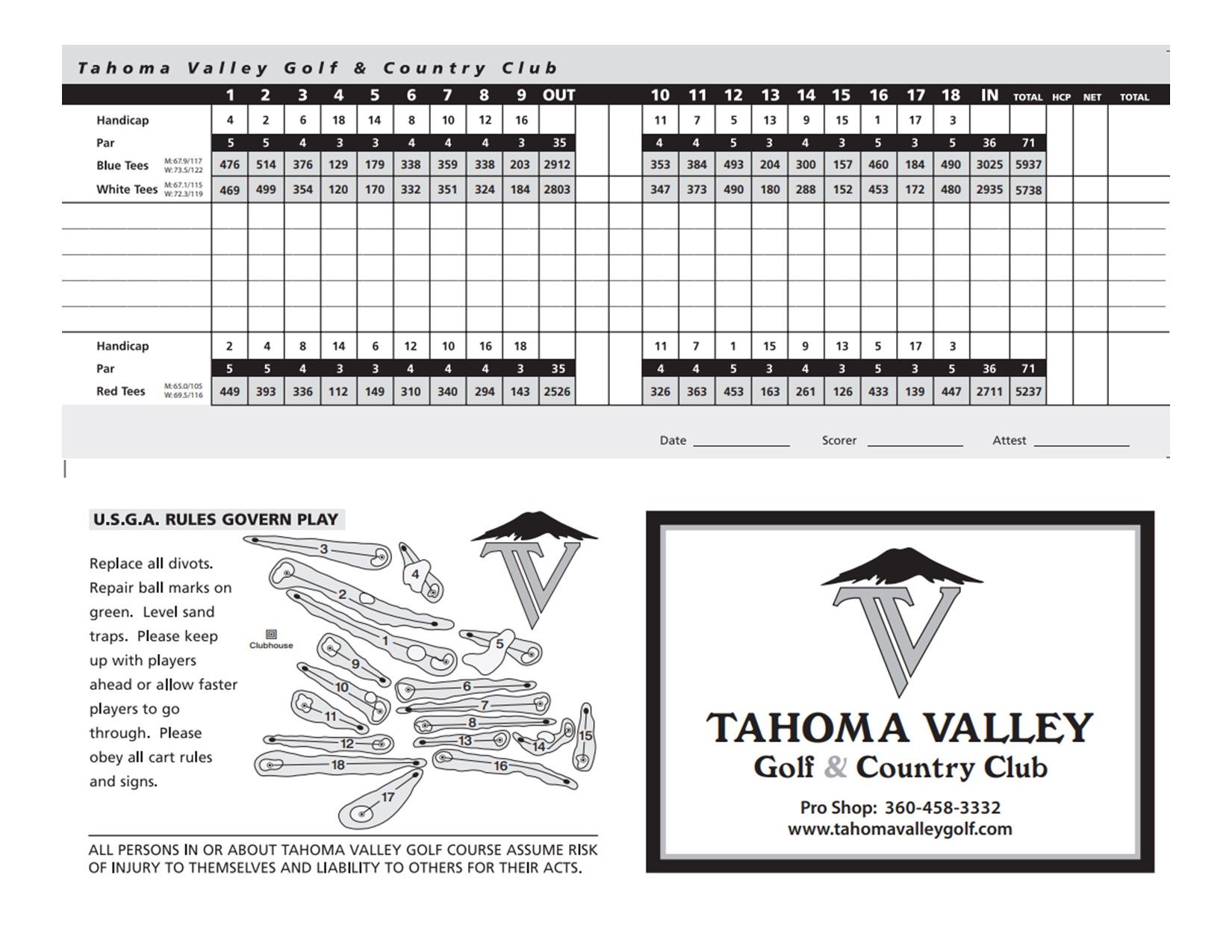 A scorecard for tahoma valley golf and country club