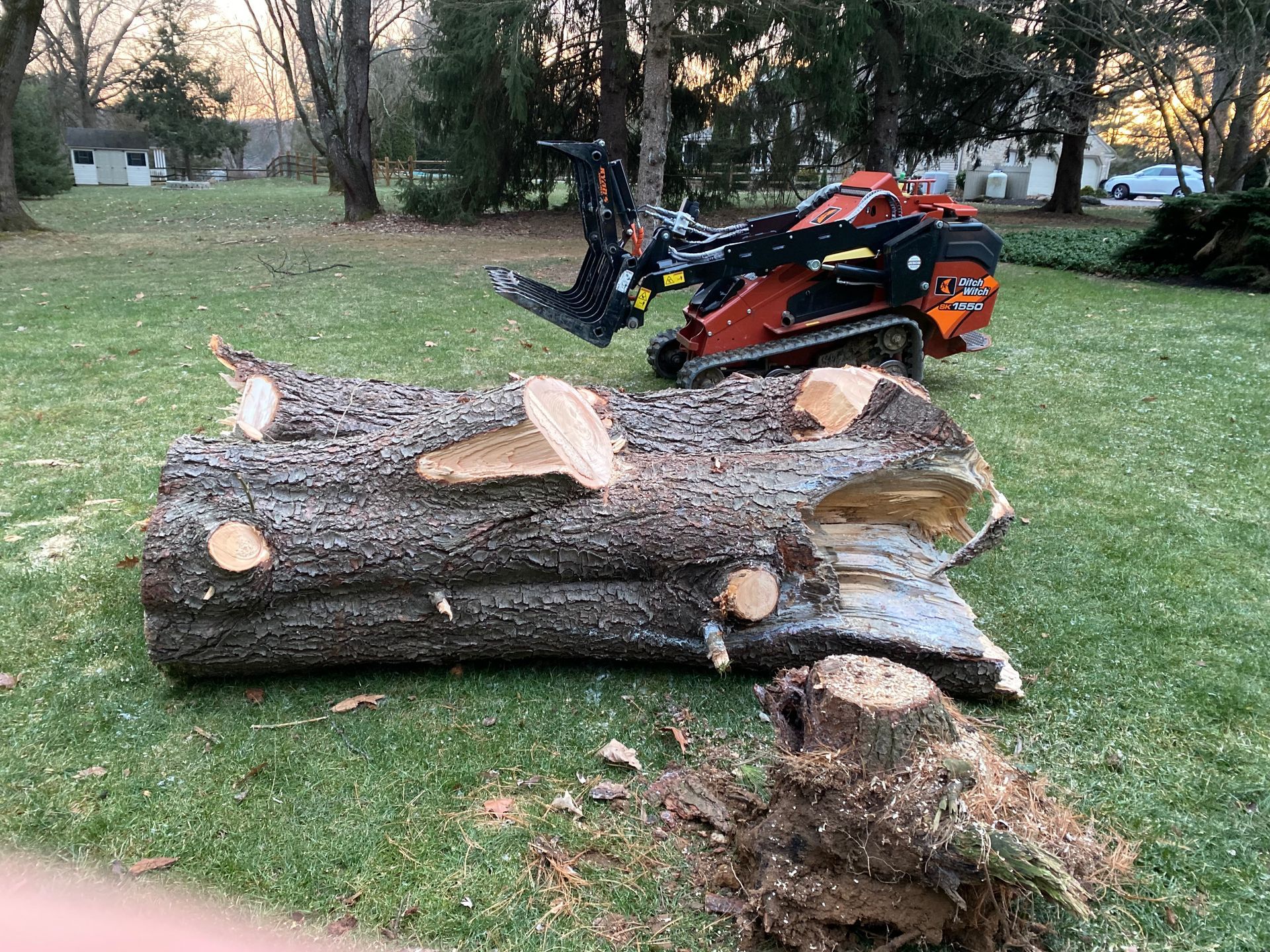 A pile of logs sitting on top of a lush green field next to a tractor.
