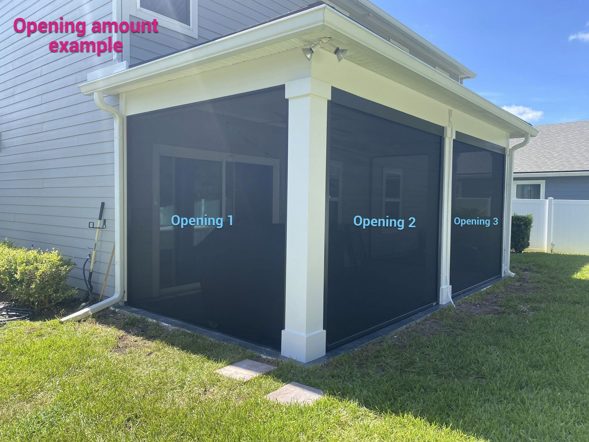 Black screened porch/room with labeled opening options on a house exterior, plus an opening amount example