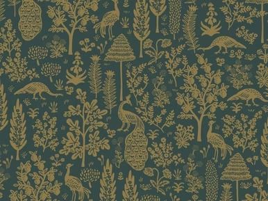 Teal background wallpaper with gold botanical and peacock pattern.