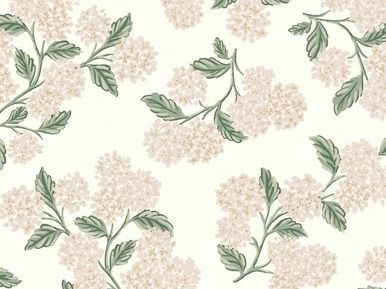 Pattern of light pink hydrangea flowers with green leaves on a cream background.