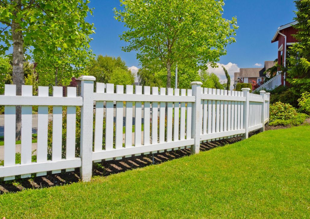 White picket fence along a green lawn with leafy trees and houses in the background.