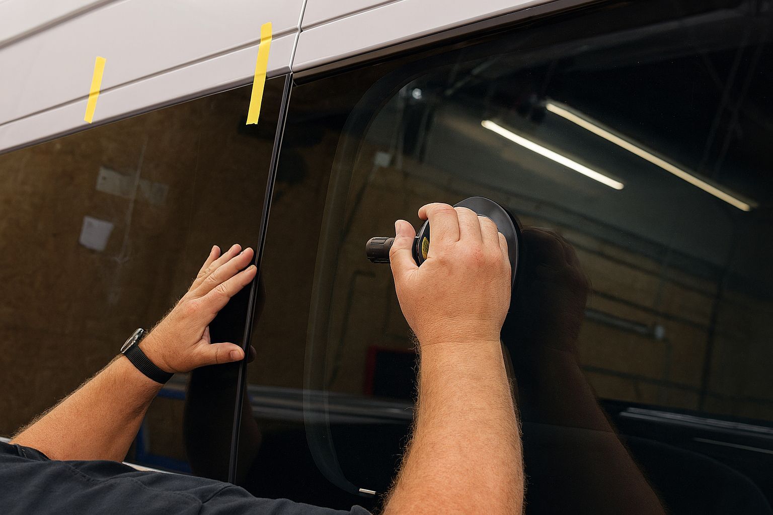 Hands applying tape to a dark vehicle window seam in a workshop.