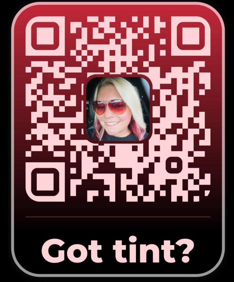 Red QR code with a woman’s profile photo and the text “Got tint?” at the bottom.