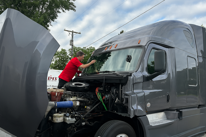 Man in red shirt working on a gray semi-truck with its hood open outdoors